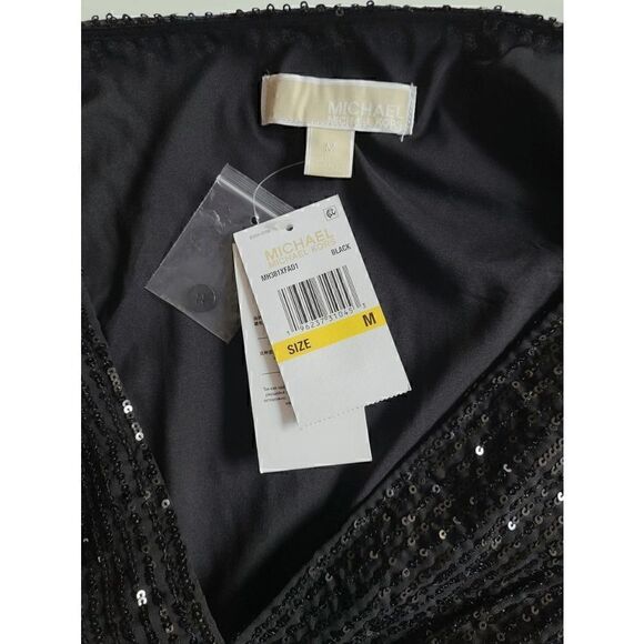 🖤✨ MICHAEL KORS Black Sequin Stripe Long Sleeve V-Neck Dress SIZE M $195 NWT - Picture 9 of 17